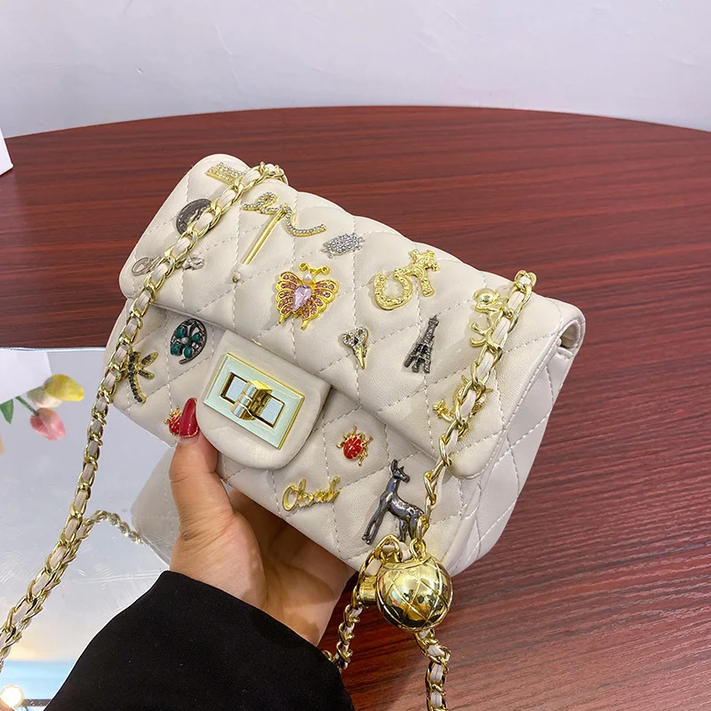 

2021 New Fashion Badge Chain Handbag Genuine Leather Shoulder Diagonal Diamond Small Square Bag Top Quality Luxury Brand Cc Gg