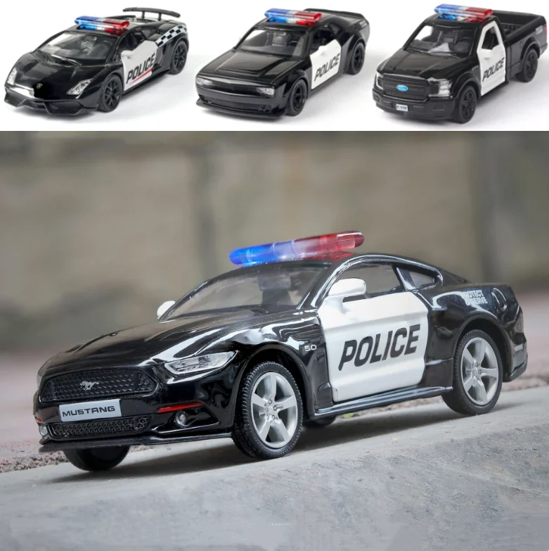 1:36 Lamborghini Dodge Mustang Ford F150 Alloy Police Car Model Pull Back Car Collection Diecast Vehicles Police Car Toys