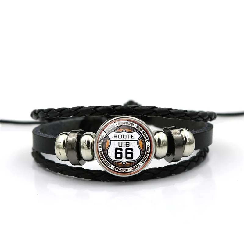 

New Multi-Layer Leather Bracelet Highway 66 60s Road Sign Bracelets for Men Adjustable Length Wrist Males Jewelry