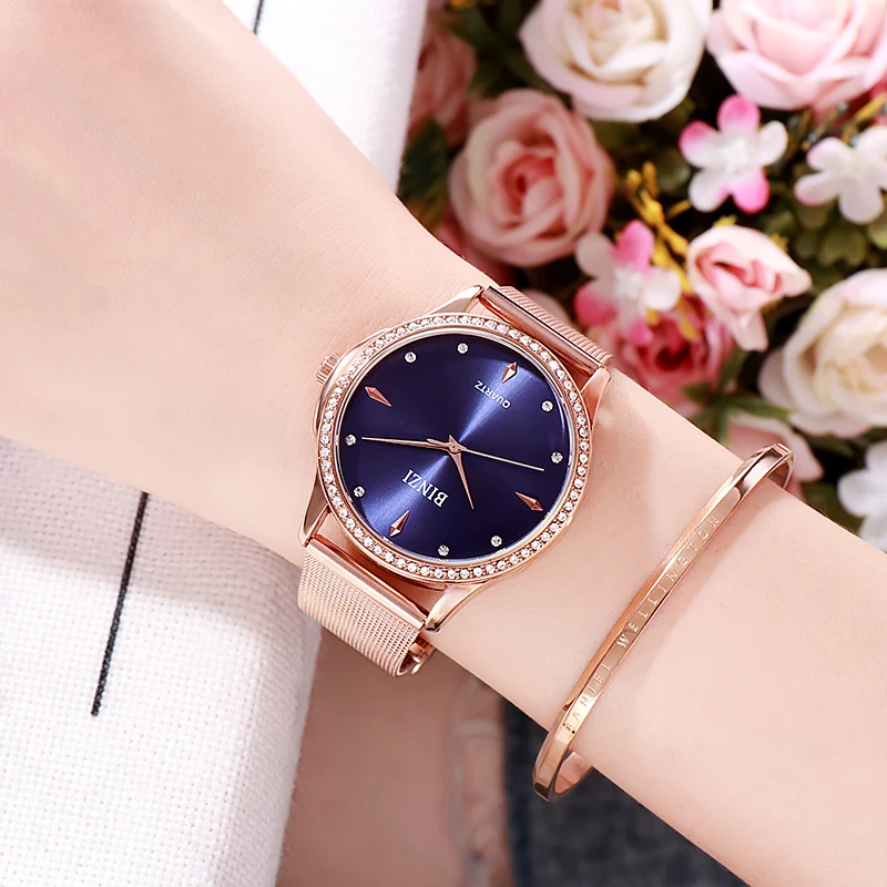 BINZI женские часы водонепроницаемые Роскошные наручные из нержавеющей стали для
