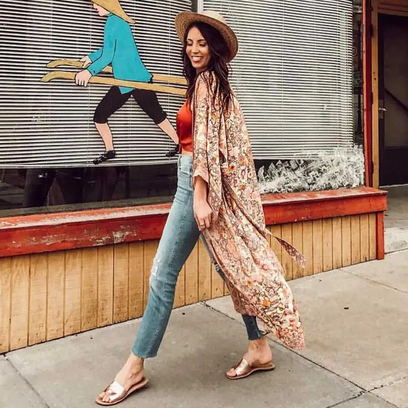 Богемный Вдохновленный пляжный халат Румяна цветочный принт длинное кимоно