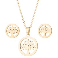 asjerlya tree of life round pendant stainless steel necklace stud earrings gold silver elegant women jewelry sets dropshipping