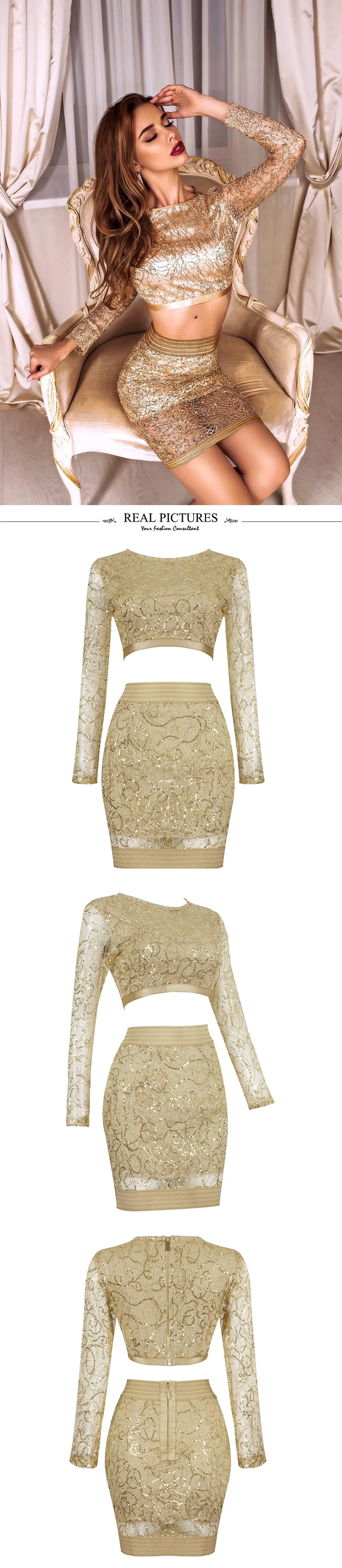 VC All Free Shipping New Chic Golden Sequins Long Sleeves Mini Skirt Two Pieces Celebrity Party Club Tops Skirt Suit