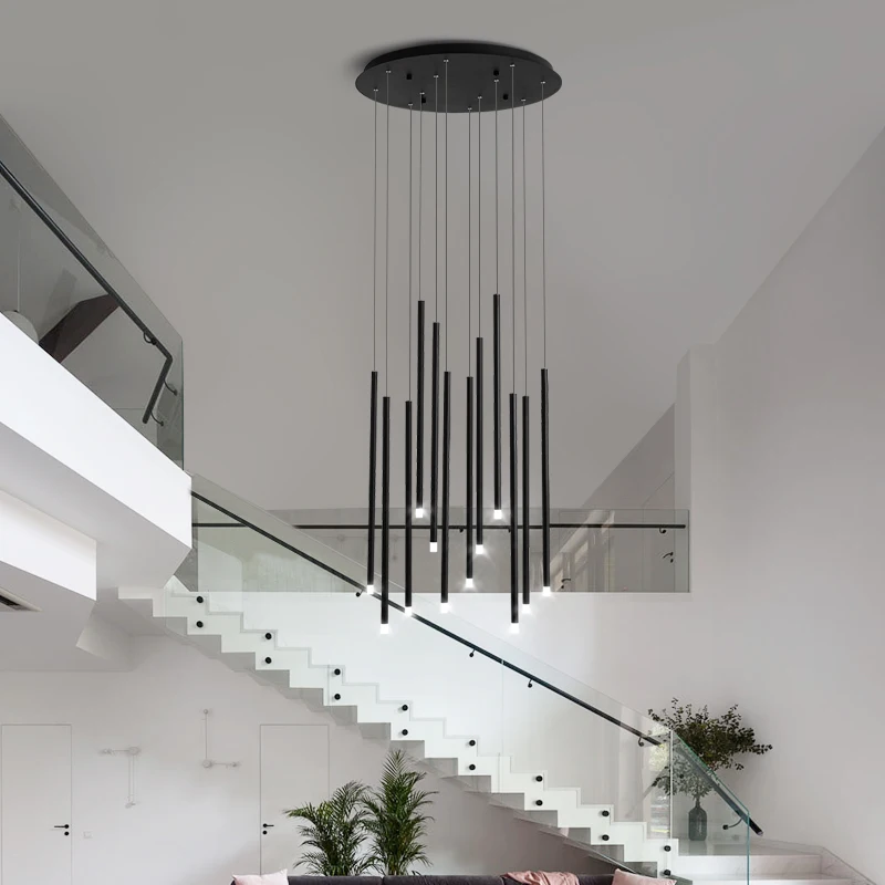 

Modern Simple LED Chandelier Black or Gold 16W 24W Lighting Hanging Fixtures For Duplex Rotating Staircase Living Room Lamps