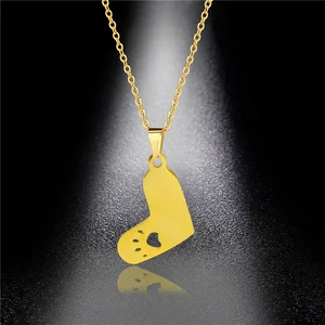 2021 New Fashion Cute Cat Paw Hollow-out Charm Necklace Titanium Steel Heart Animal Pendant Chain Necklace Jewelry Couple Gifts