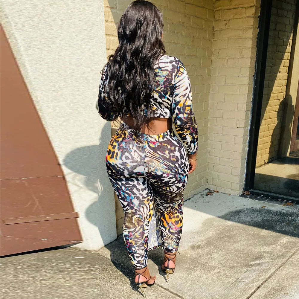 

Leopard Printed Sexy 2 Piece Club Outfits Fall Women Clothing Deep V Neck Long Sleeve Crop Top and Bodycon Skirt Pant Sweatsuits