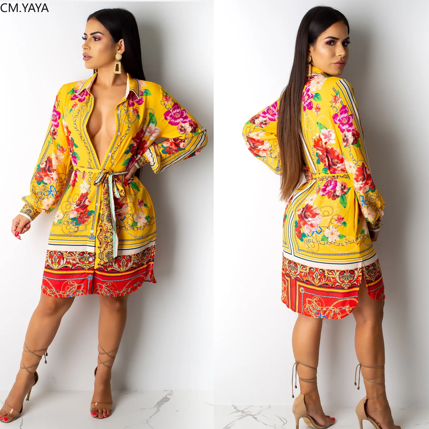 2019 женские осенние пояса Африка винтажный принт отложной воротник длинный рукав