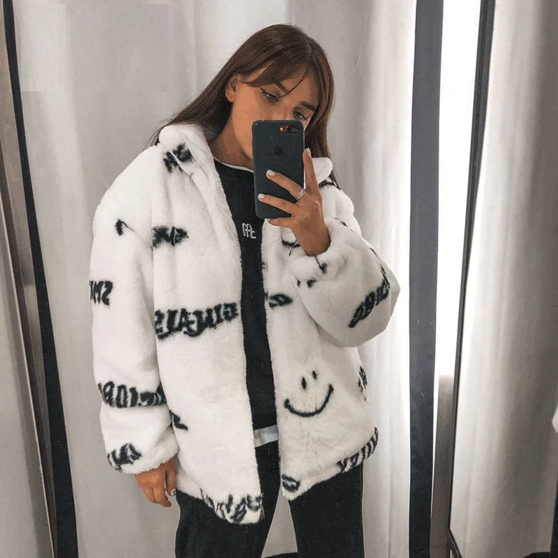 

JESSIC Street Fashion Letter Fur Coats Women Winter Oversized Batwing Sleeve Faux Rabbit Fur Jacket Coat Hip Hop Streetwear