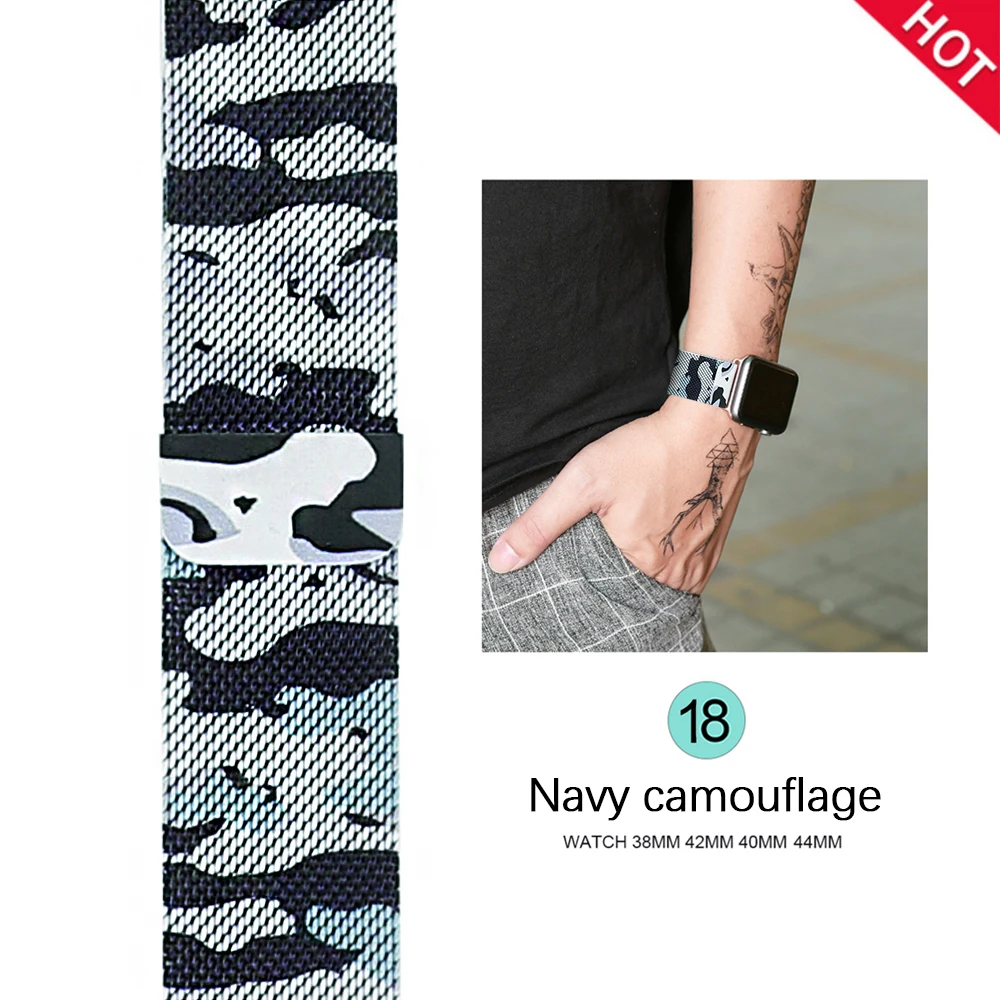 Navy camouflage Ремешок для часов, Миланская петля, ремешок для наручных часов apple watch, ремешок 42 мм/38/44/40 мм нержавеющая сталь металлический браслет ремешок для наручных часов iwatch, версия 4/3/2/1 - Цвет ремешка: Navy camouflage