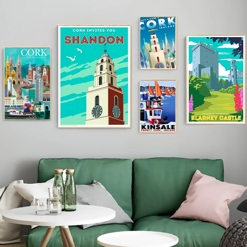 Ирландия гавань Город пробка винтажные постеры для путешествий Картина на