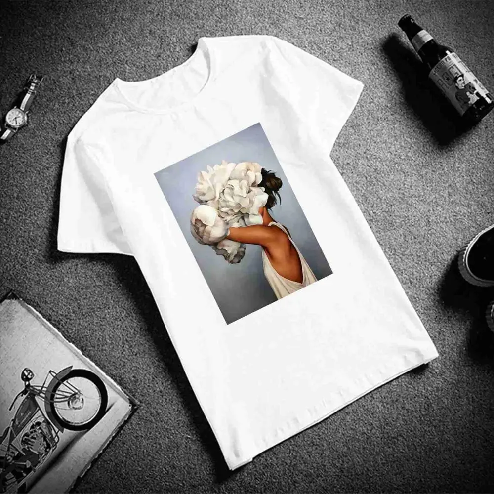 

Letter Sexy Flower Feather Print Short Sleeve Tops Women Cotton Harajuku Graphic Tee Woman Tshirts 2021 Women Fashion Clothing