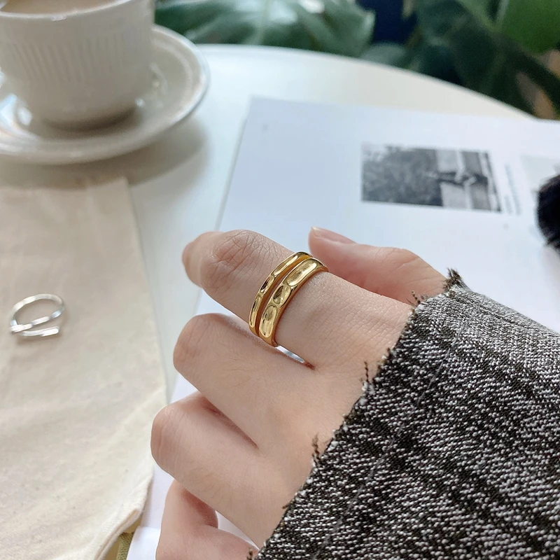 

Женское кольцо из стерлингового серебра 925 пробы с вогнутой текстурой, двухслойные дизайнерские корейские кольца высокого качества, просты...