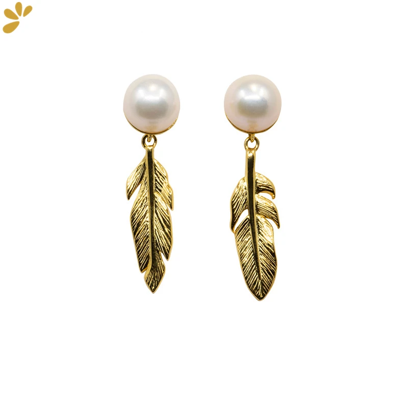 

GEEZENCA S925 Silver Gold Plated Feather Natural Pearl Stud Earrings For Women Original Design Chic Trendy Earring Fine Jewelry