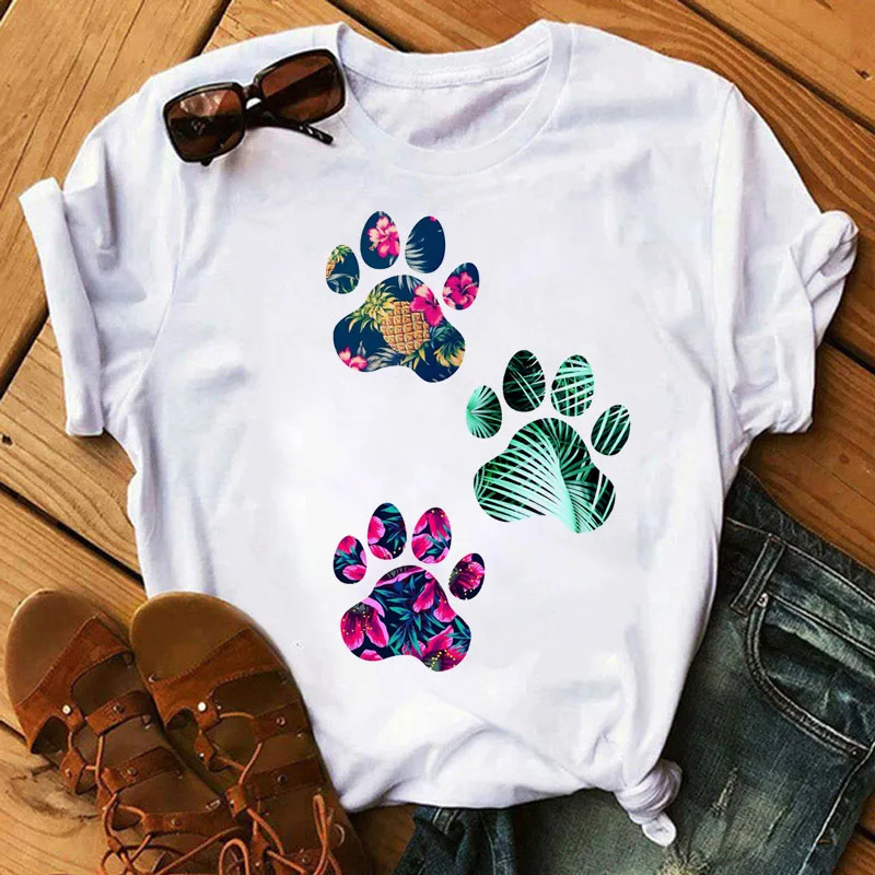 

Female Graphic Tops Cute Shirts Tee Clothing Summer Women T-shirt Red Heart Dog Paw Print Tshirt Casual Short Sleeve Tee Shirts