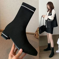 thick heel thin boots women 2021 autumn and winter new black elastic cloth heel boots fashion socks boots