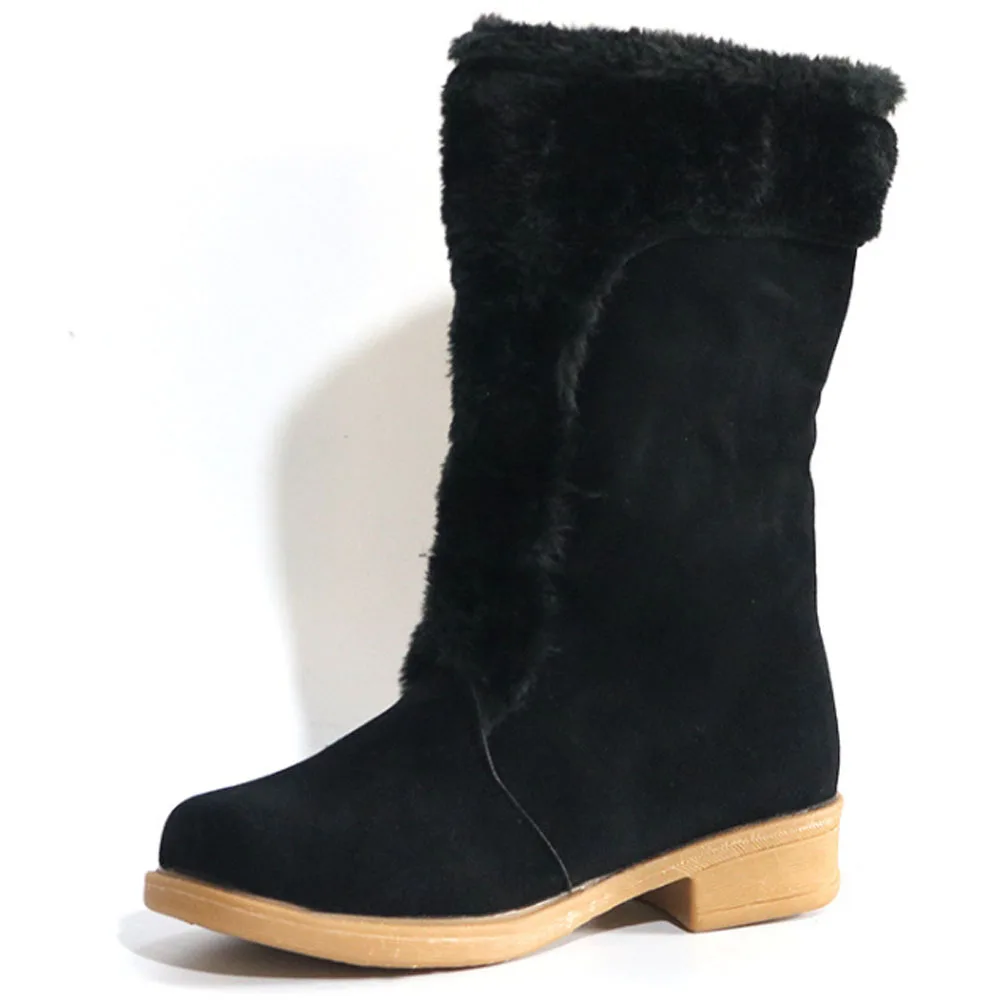 

BONJOMARISA New Luxury Brand Decorating Low Heel Short Plush mid-calf Boots Women slip-on Warm Autumn Shoes Woman