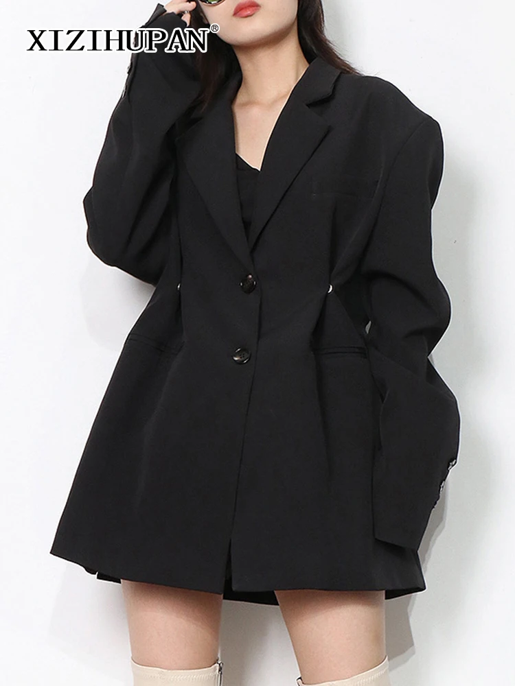 

Минималистичный черный Женский блейзер XIZIHUPAN с присборенной талией, модное однотонное осеннее пальто в Корейском стиле с отложным воротник...