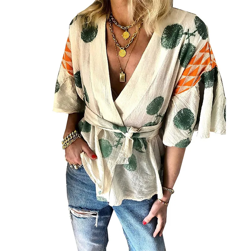 

2021 Summer Printed Women's Blouse Loose V-neck Flare Half Sleeve Lace Up Female Blouses New Casual Fashion Streetwear Lady Top