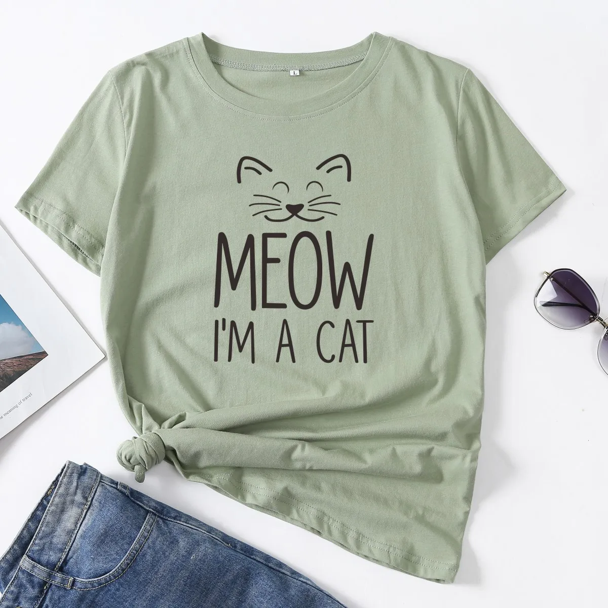 

Забавная женская футболка Meow I'm A Cat, футболки с коротким рукавом, Женская футболка из женские летние топы хлопка с графическим принтом