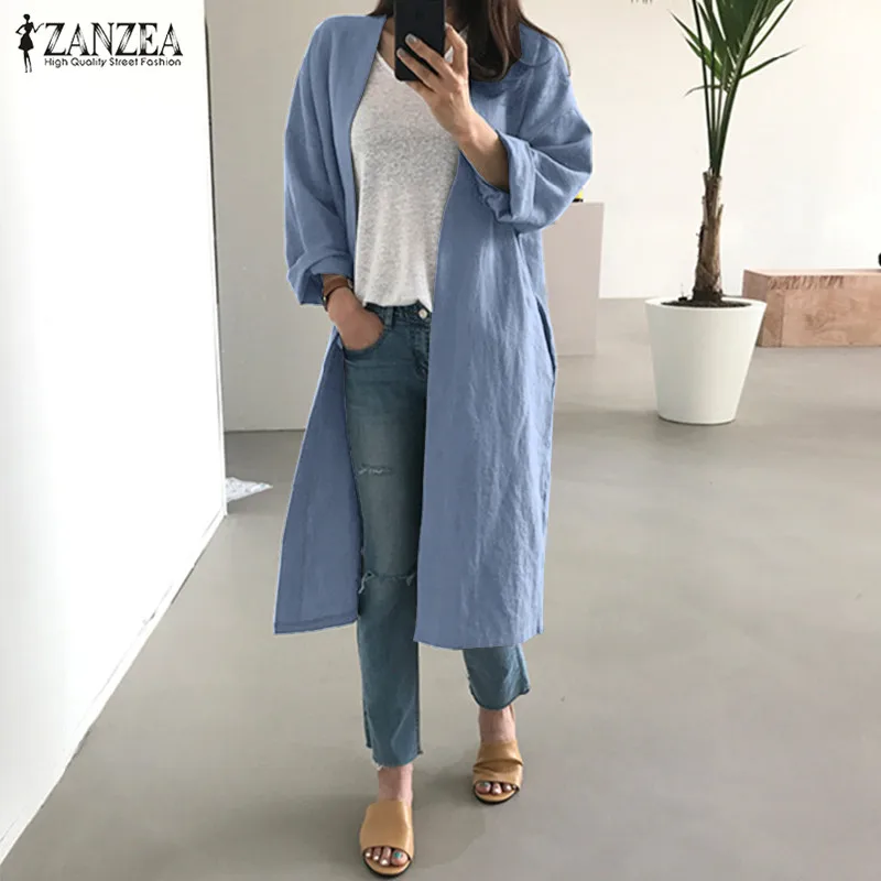 Модные женские осенние хлопковые льняные пальто с длинными рукавами ZANZEA, Длинные куртки с открытой передней частью, женский кардиган для работы, однотонная верхняя одежда s-5xl 7