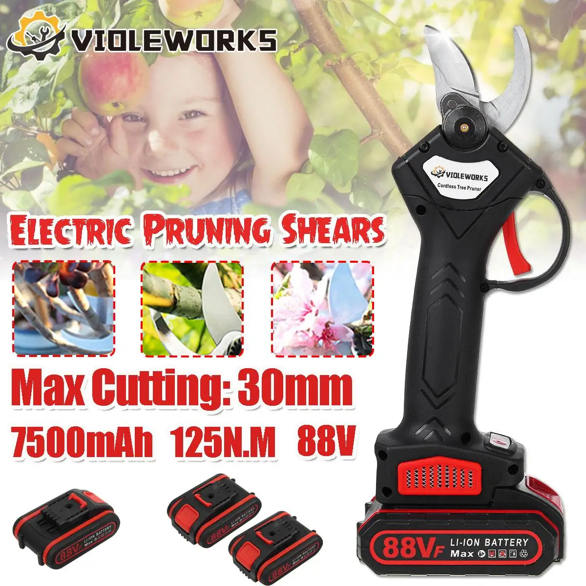 88V 800W Cordless Pruner Lithium-ion Pruning Shear Efficient Fruit Tree Bonsai Pruning Electric Tree Branches Cutter Landscaping