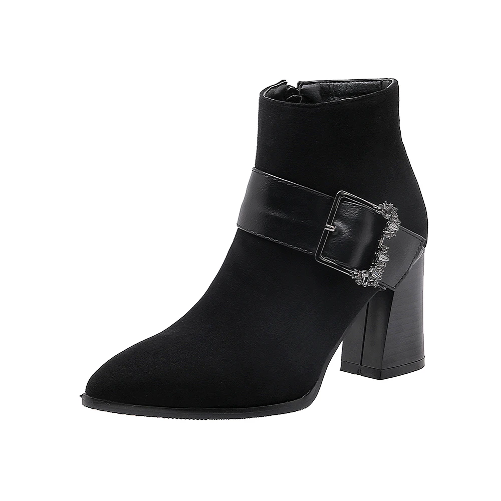 

2019 Autumn Winter Fashion Women Buckle Ankle Boots Crystal Faux Suede Pointed Toe Thick High Heels Party Shoes Woman shoes