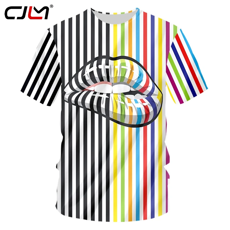 CJLM New 3D Lips Stripes Man O Neck Tshirt Printed Mens Gothic Tee Shirt Hot Sale Unisex T-shirt Recommend | Мужская одежда