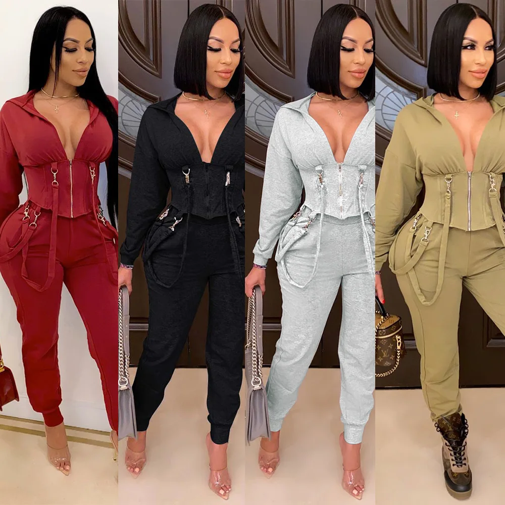 

Women Long Sleeve Zipper Hooded Coat + Bodycon Pants Two Piece Sets Autumn 2021 Tracksuit Sport Fitness Suits Outfits
