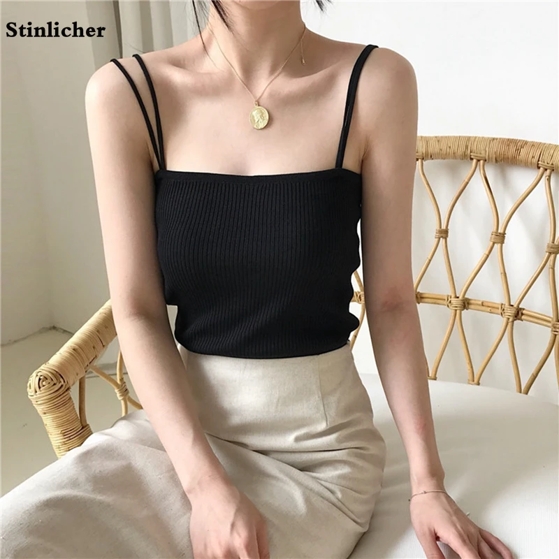 

2020 Women Drawstring Knitted Tank Top Summer Solid All Match Casual Sexy Camis New Design Strap Vest Crop Tops Female