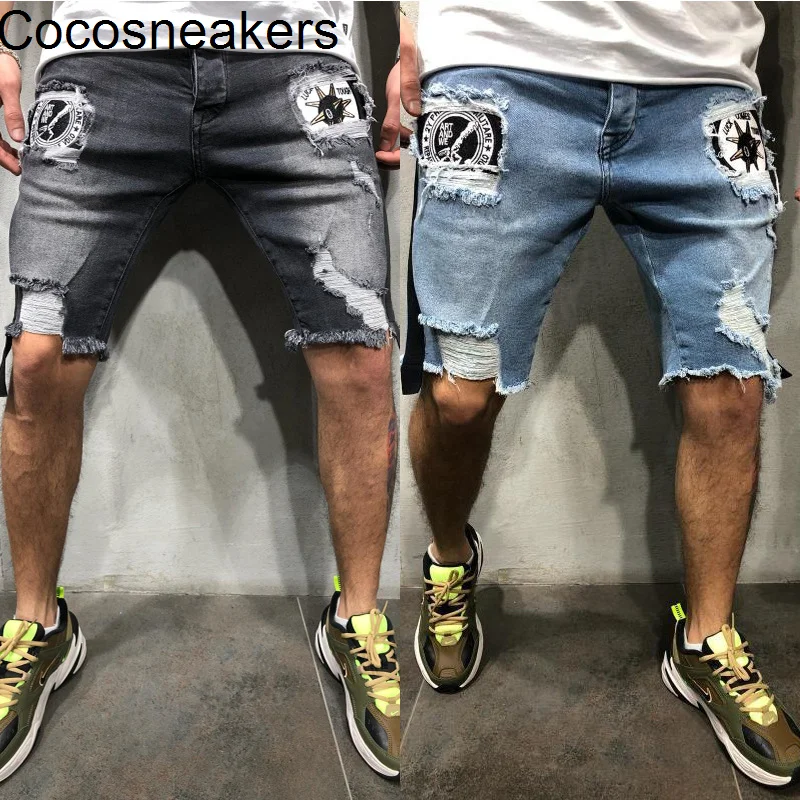 

Men's jeans new cut hole slim men's middle pants men's badge middle pants