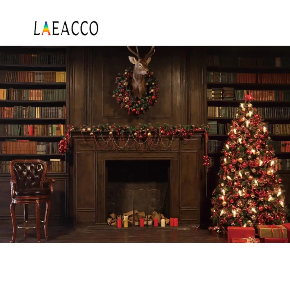 Старая деревянная книжная полка книги комната камин Рождество олень дерево