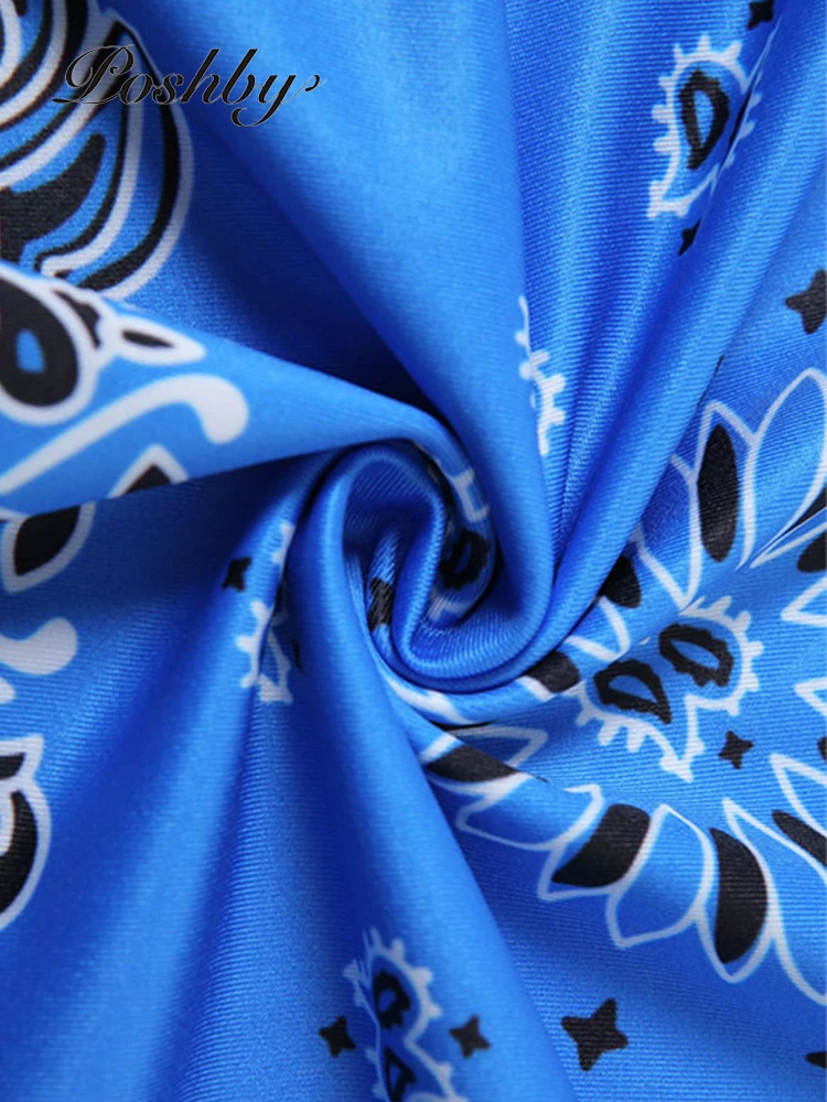 

Poshby Blue Printed Dress Spaghetti Strap Summer Holiday Outwear Summer Sexy Y2K Club Night Party Dresses 2021 Women Fitness