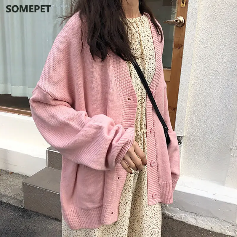 

Cardigan Women Solid Simple Basic Sweater Kawaii Preppy Style Casual Long Sleeve V-neck Loose Plus Size 2XL All-match Autumn