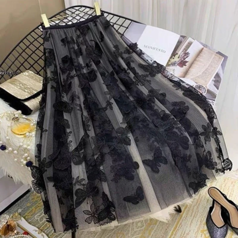 

Butterfly Embroidery Women Skirts Summer Vintage A-Line Knee-Length Elegant Solid Female Skirts Clothing Top Quality