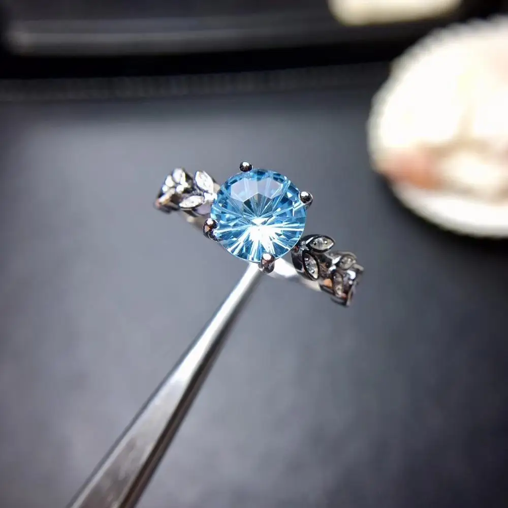 Красивое кольцо с натуральным топазом для женщин серебряное морской синий цвет