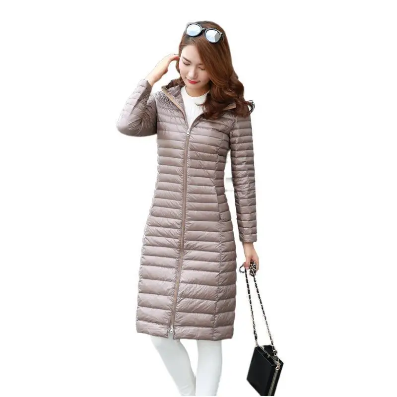 Пуховое пальто для женщин зимняя ультра светильник длинный пуховик с капюшонами