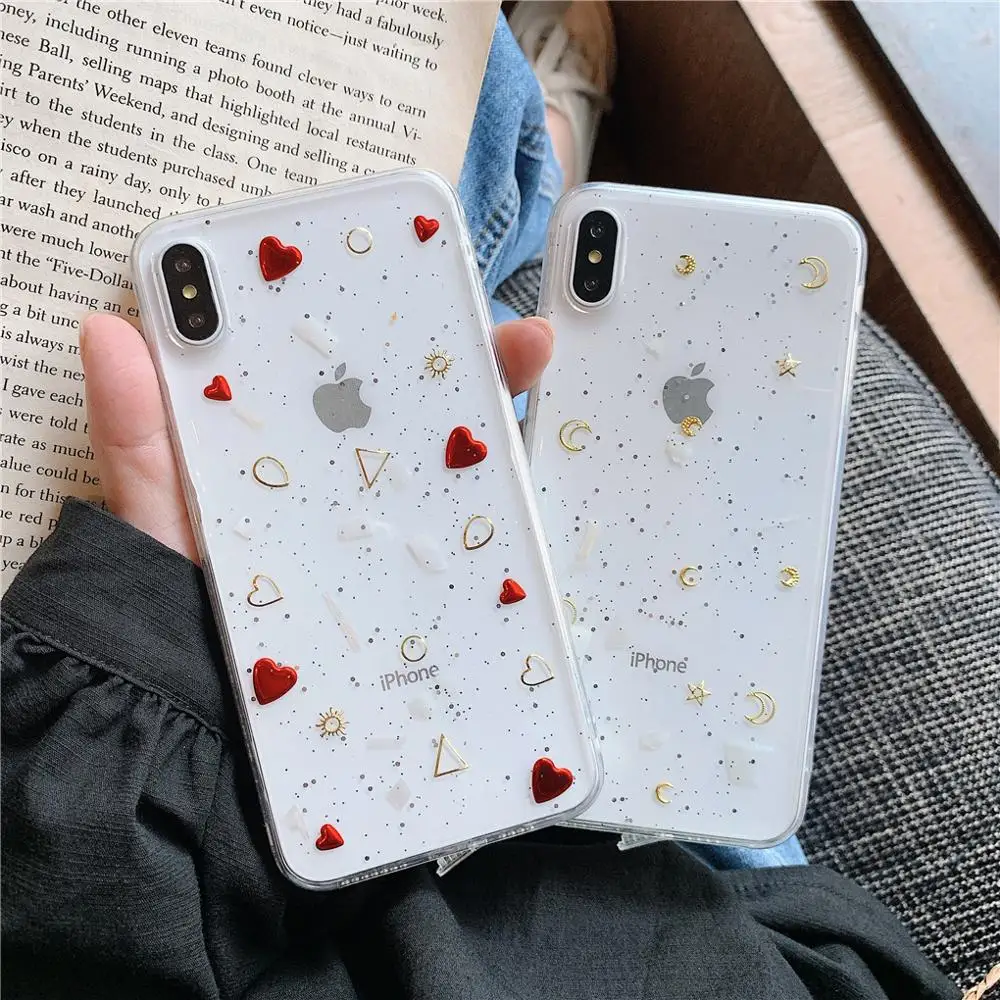 Блестящие золотые звезды Galaxy блестящие красные Любовь Сердце Мягкие ТПУ чехлы