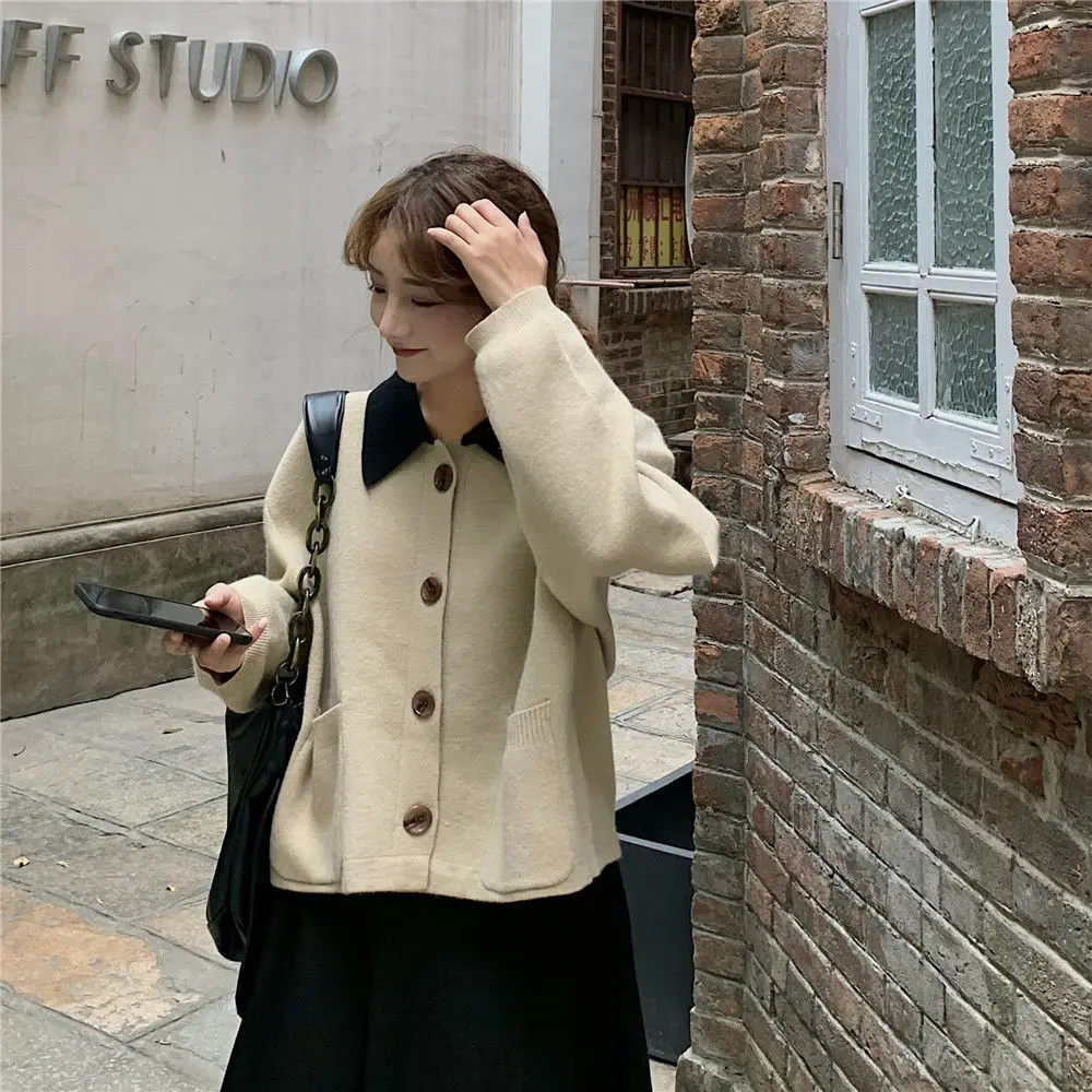 Sweaters Women Patchwork Warm Cardigans Loose Jumper Daily Outwear Korean Style Chic Turn-down Collar Knitted Retro Teens Female |