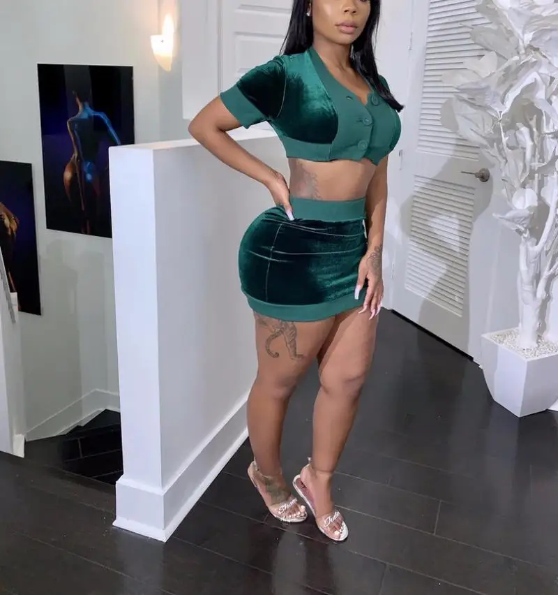 

New Woman Sexy Velvet Two Pieces Casual Set Short Sleeve Crop Tops+Mini Dress Female Nightclub Party Sets Tracksuit Outfit