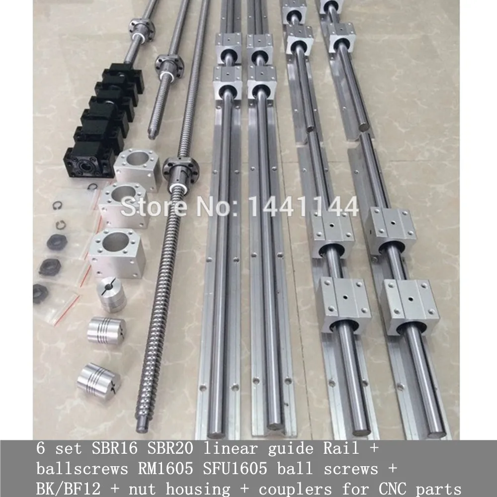 

6 set SBR16 SBR20 linear guide Rail + ballscrews RM1605 SFU1605 ball screws + BK/BF12 + nut housing + couplers for CNC parts