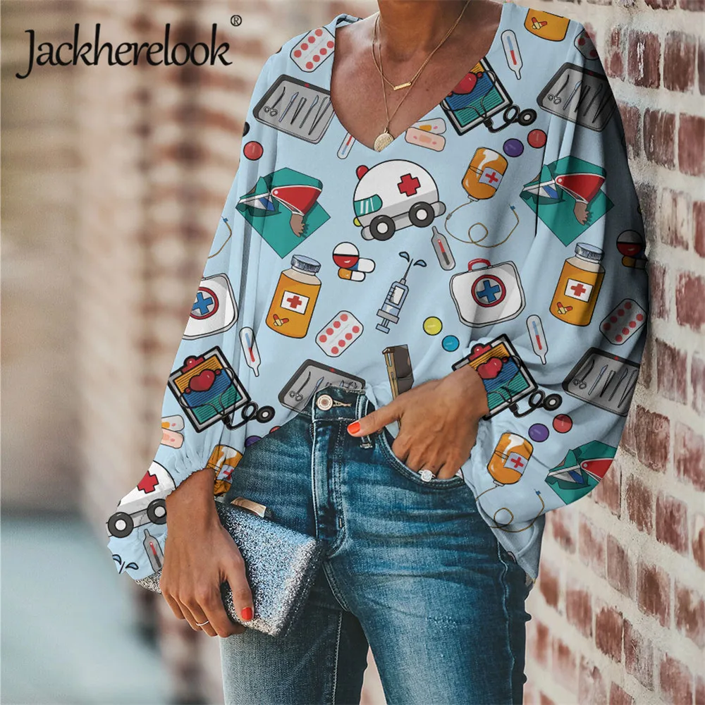 

Jackherelook Premium Sketch Physio Nurse Print Women Blouse Casual Loose Long Sleeve Girls Tops Large Size Female Clothing Shirt