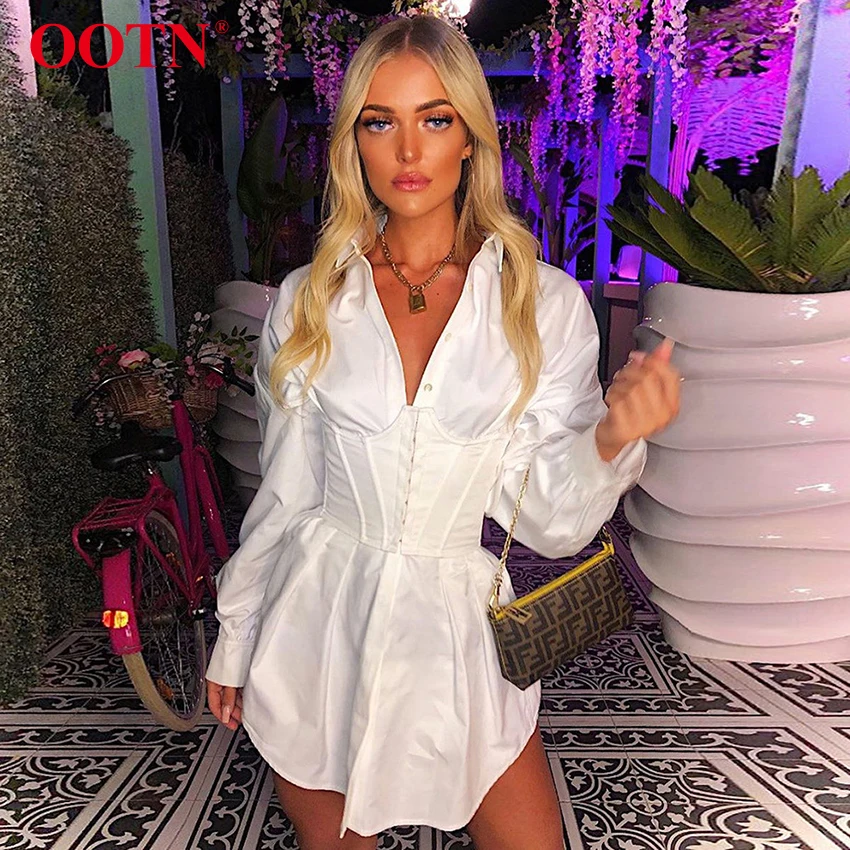 OOTN отложной воротник офисная рубашка платье дамы фонарь с длинным рукавом Элегантная плиссированная Туника белые женские платья осень