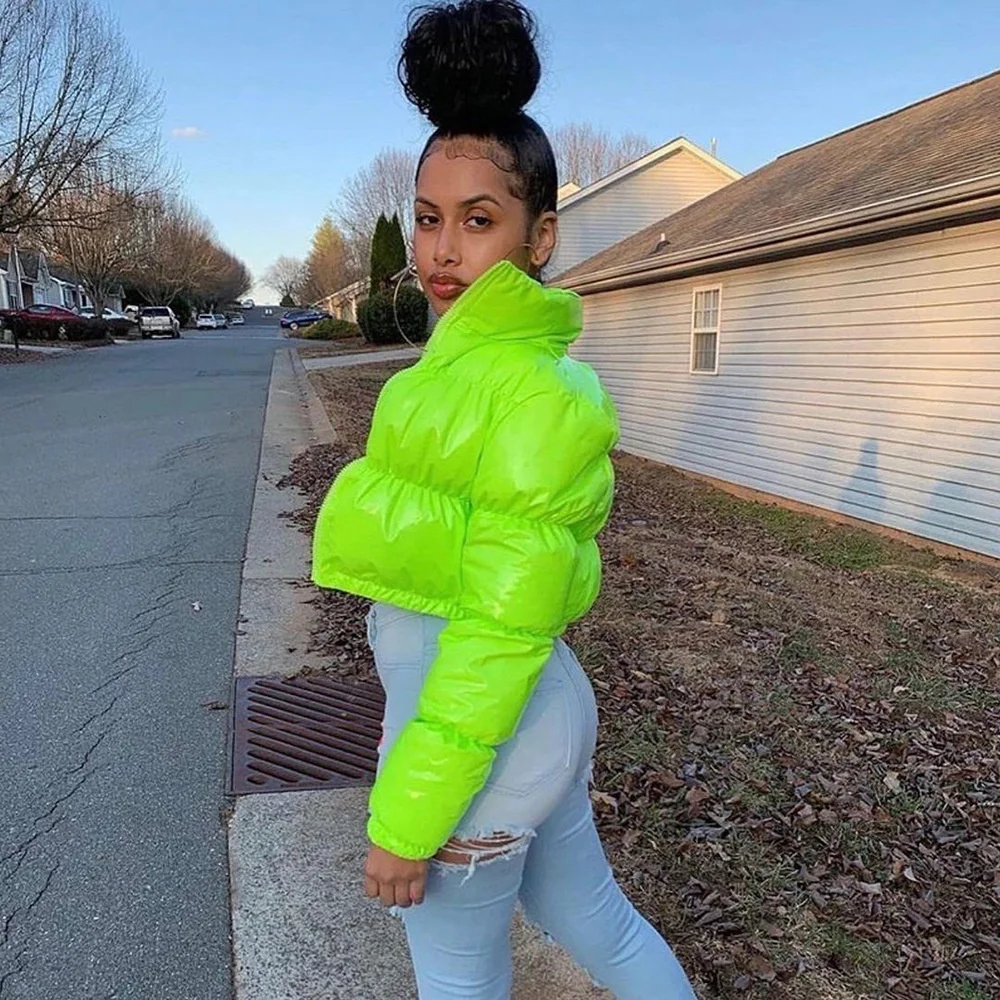 Женский короткий топ на молнии флуоресцентный Топ с воротником-стойкой и длинным