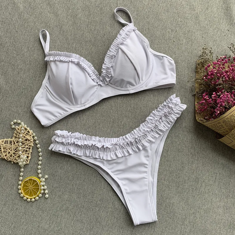 

2021 Chan Double New Solid Color Bikini Ladies Swimsuit Lace Swimsuit Swimsuit Ruffle Bikini Sexy Bikini