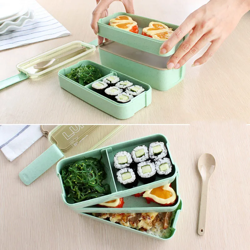 3 Слои Творческий Пластик Коробки для обедов Еда контейнеры печь Bento студентов
