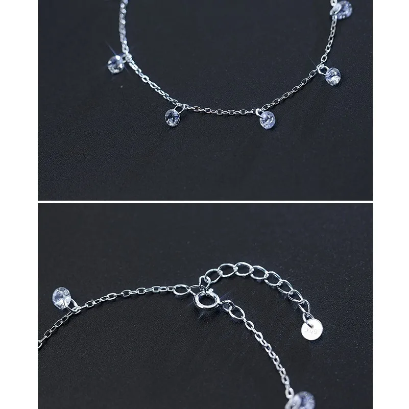 

100% 925 Sterling Silver 4mm Round Cubic Zirconia Stone Beads Statement Hand Charm Chain CZ Bracelets Fine Jewelry for Women