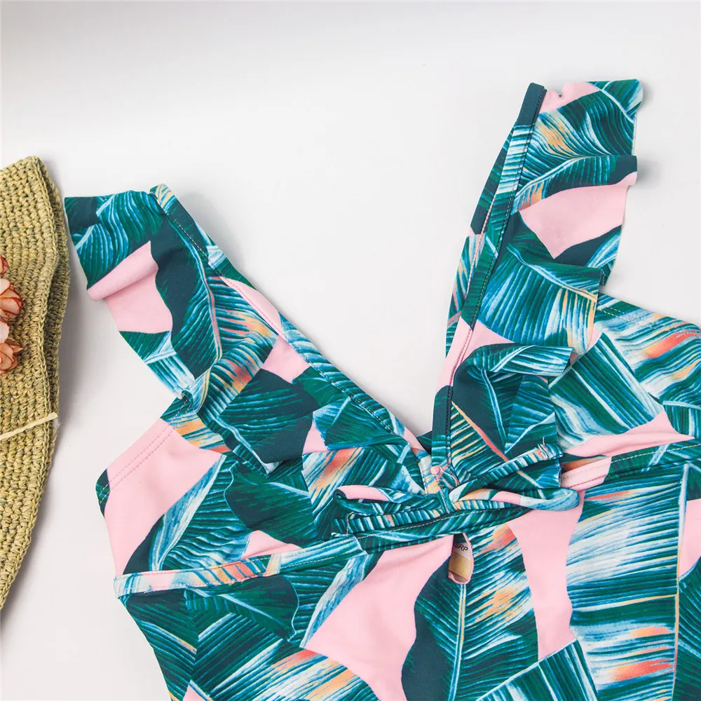 2021 слитный купальник для девочек с принтом листьев бандажный Falbala летний