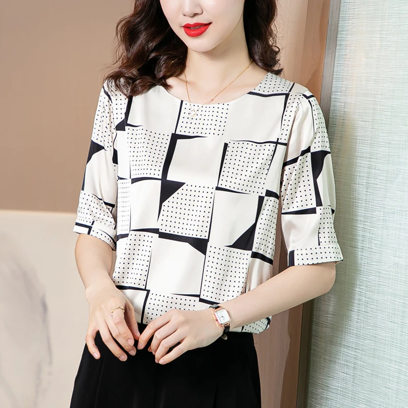 

2021 Summer Silk Woman Blouse O-Neck Pockets Ladies Top Shirts Basic Print T-shirt Short Sleeve Fashion Womens Tops and Blouses