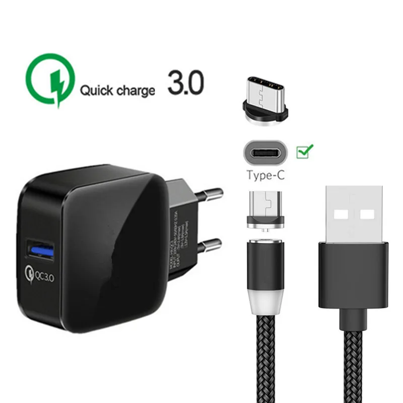 EU charger and cable Магнитный зарядный кабель типа C для samsung S10 A20E A30 A50 LG Stylo 5 sony Xperia 10 XA1 XZ3 Магнитный USB кабель QC 3,0 быстрое зарядное устройство - Тип штекера: EU charger and cable