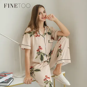 FINETOO женская пижама, летняя пижама с принтом из мультфильма, плюс размер, ночная рубашка, удобная женская Хлопковая пижама